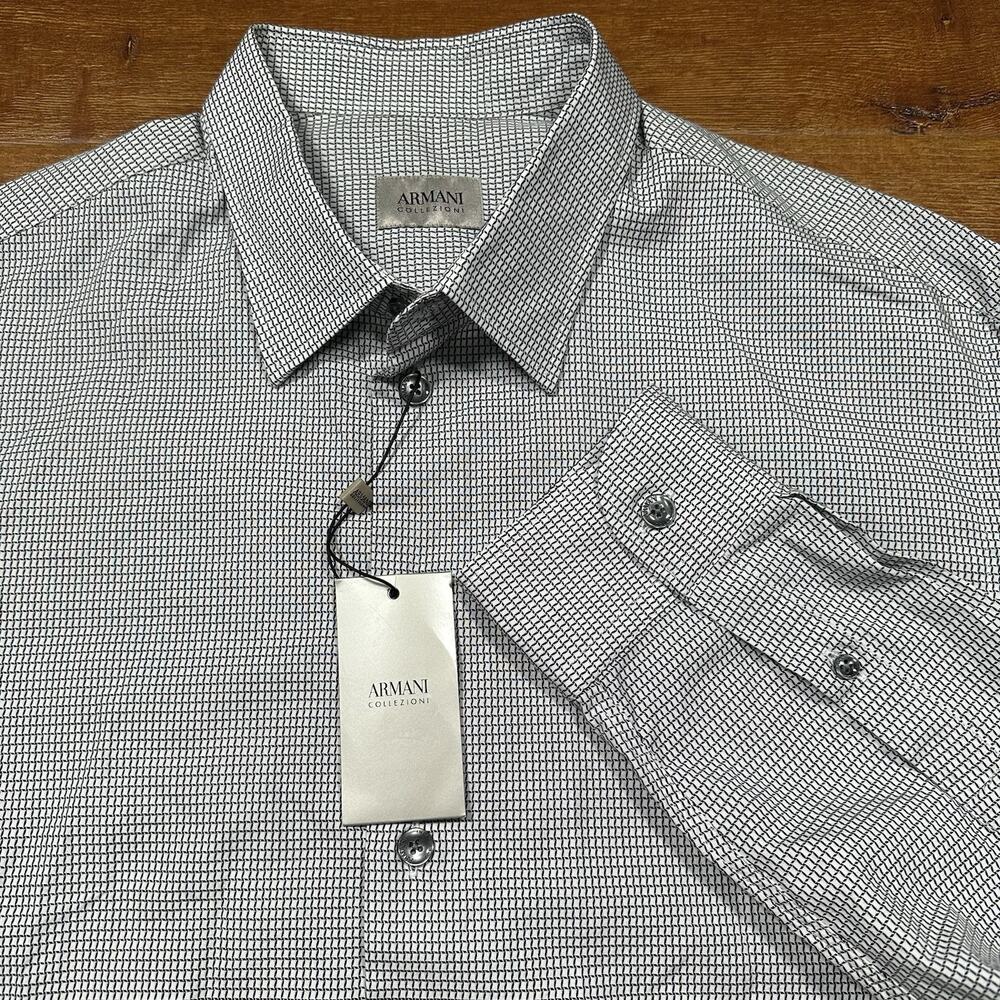 Armani Collezioni Button Up Shirt Mens XL Gray Black Long Sleeve Designer Luxury